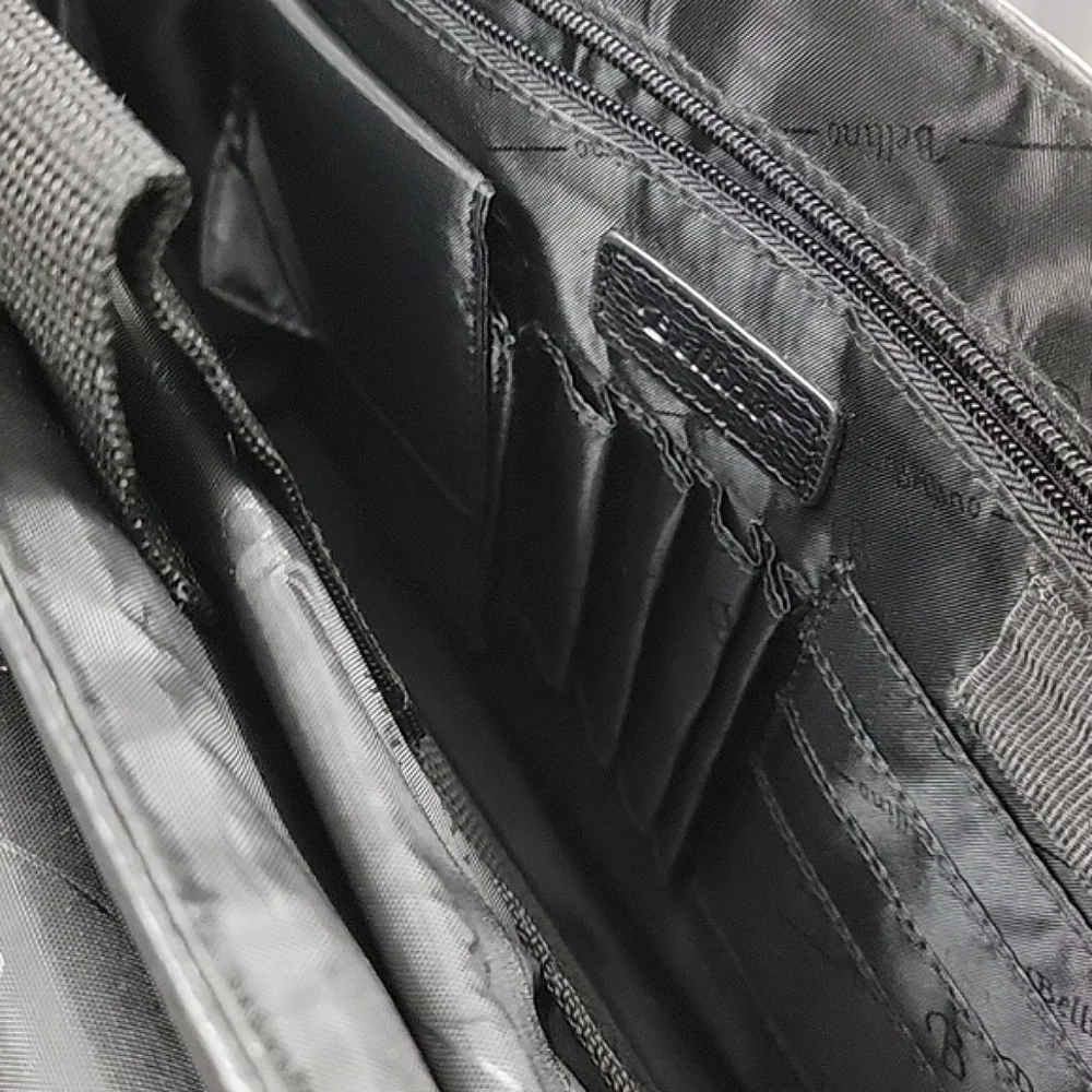 Bellino Black Leather Messenger Laptop Bag Briefcase w/ logos, office bag